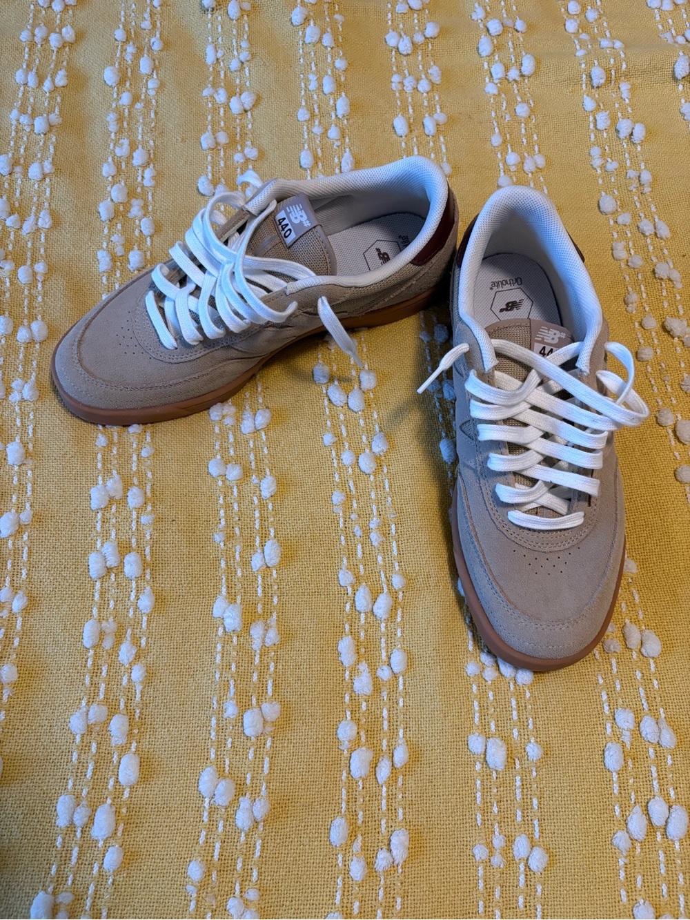 New Balance Tan and White Suede Low-Top Sneakers